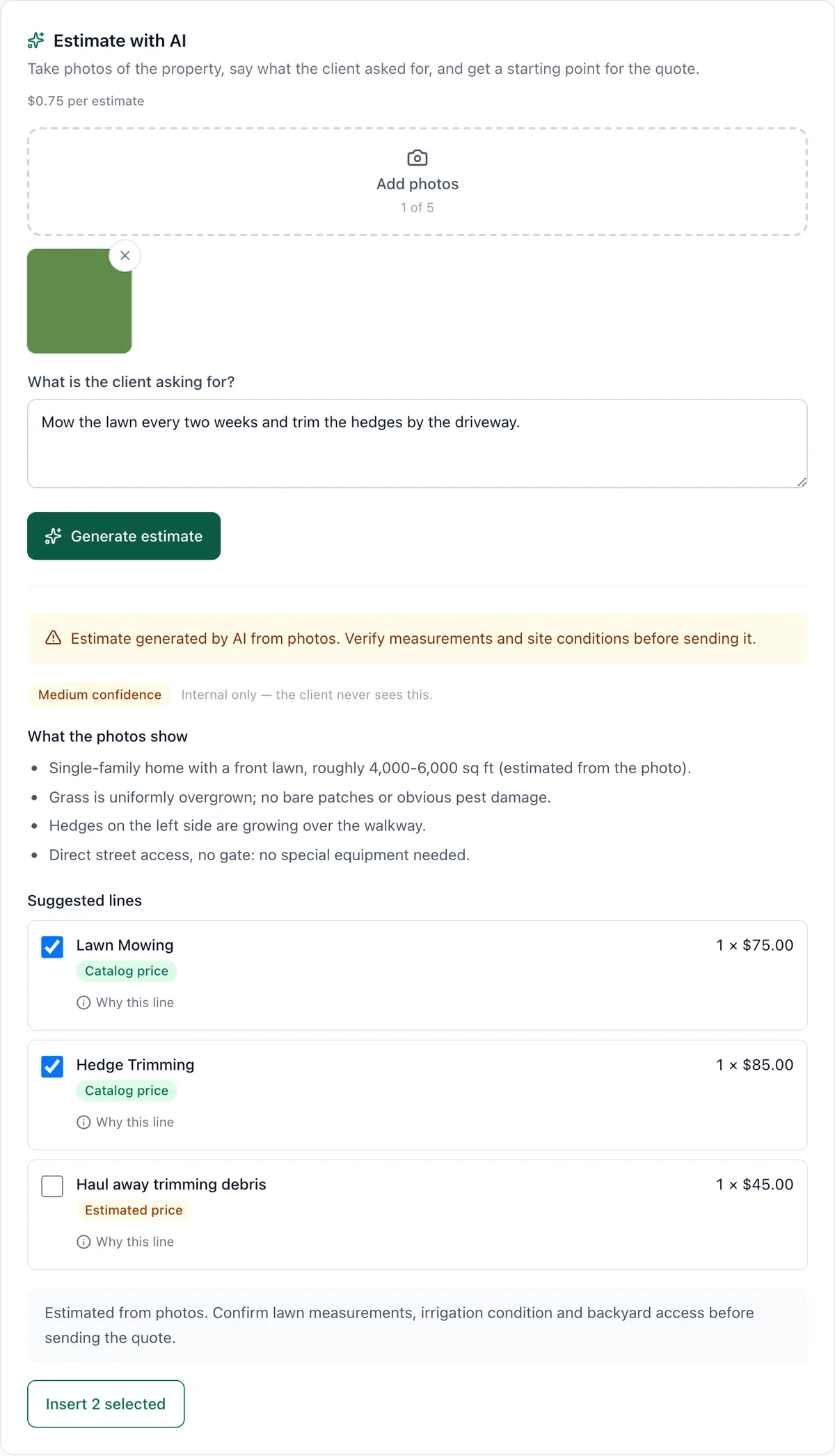 The GreenOps AI estimator showing what the photos show and the suggested lines with prices.
