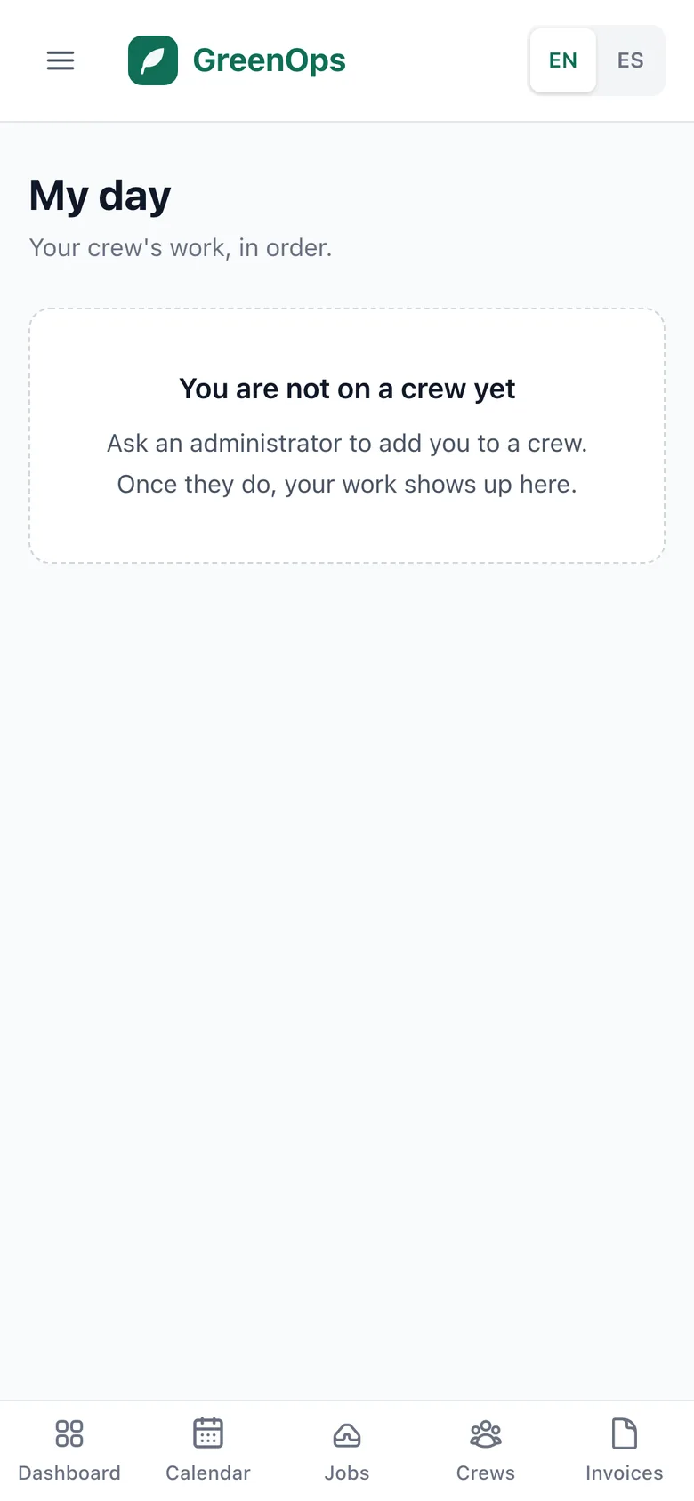 The GreenOps My day screen on a phone, listing the crew's jobs for today.